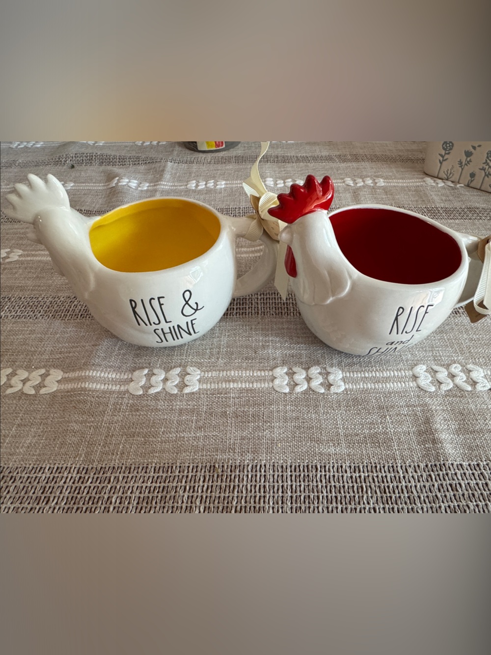 Rae Dunn White Ceramic Rooster Mugs with Yellow and Red Interiors